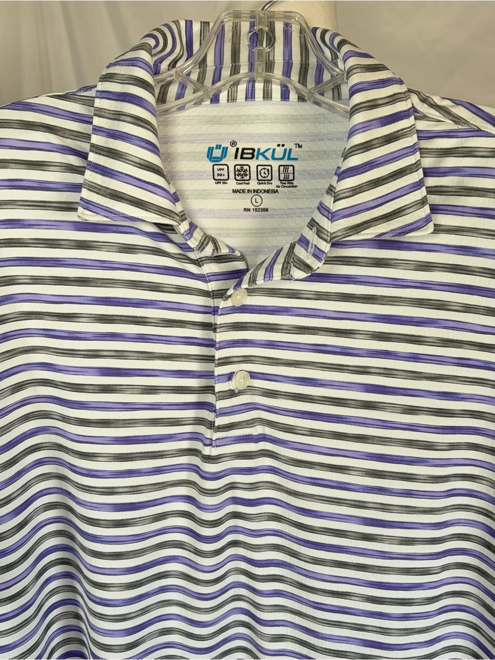 IBKUL Men’s Landon Striped Golf Polo Purple, Black, White Size Large UPF 50+
